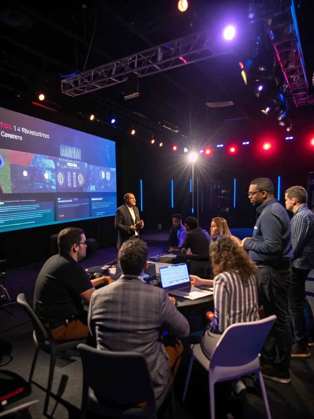 A visually engaging image of a digital transformation workshop, showcasing participants actively engaged in discussions and brainstorming sessions.
