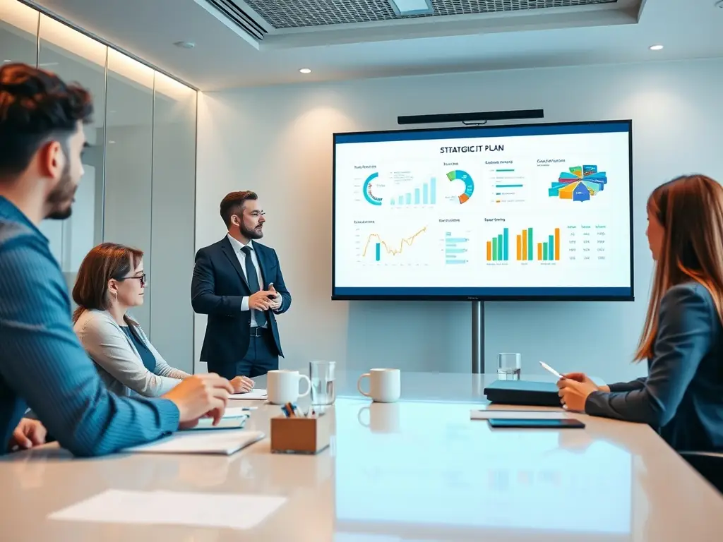 A consultant presenting a strategic IT alignment plan to a board of directors, highlighting key performance indicators and strategic goals.