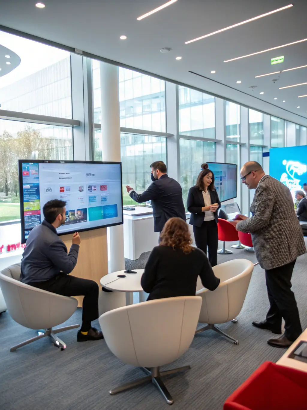 An image depicting a digital transformation workshop with engaged participants, using tablets and interactive displays to explore new technologies.