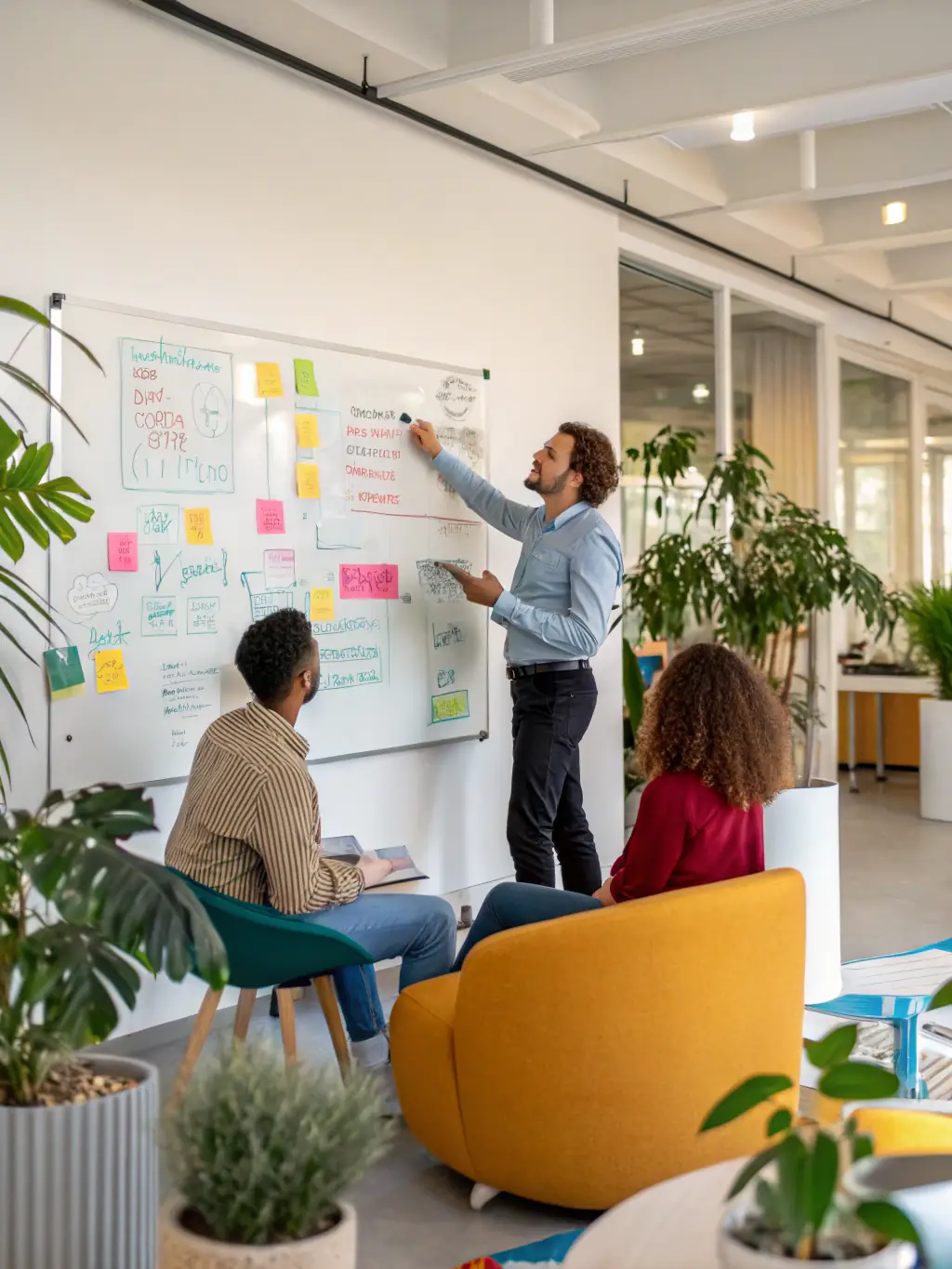 An image showcasing a team of consultants collaborating on a technology framework strategy, brainstorming ideas on a whiteboard in a modern office setting.