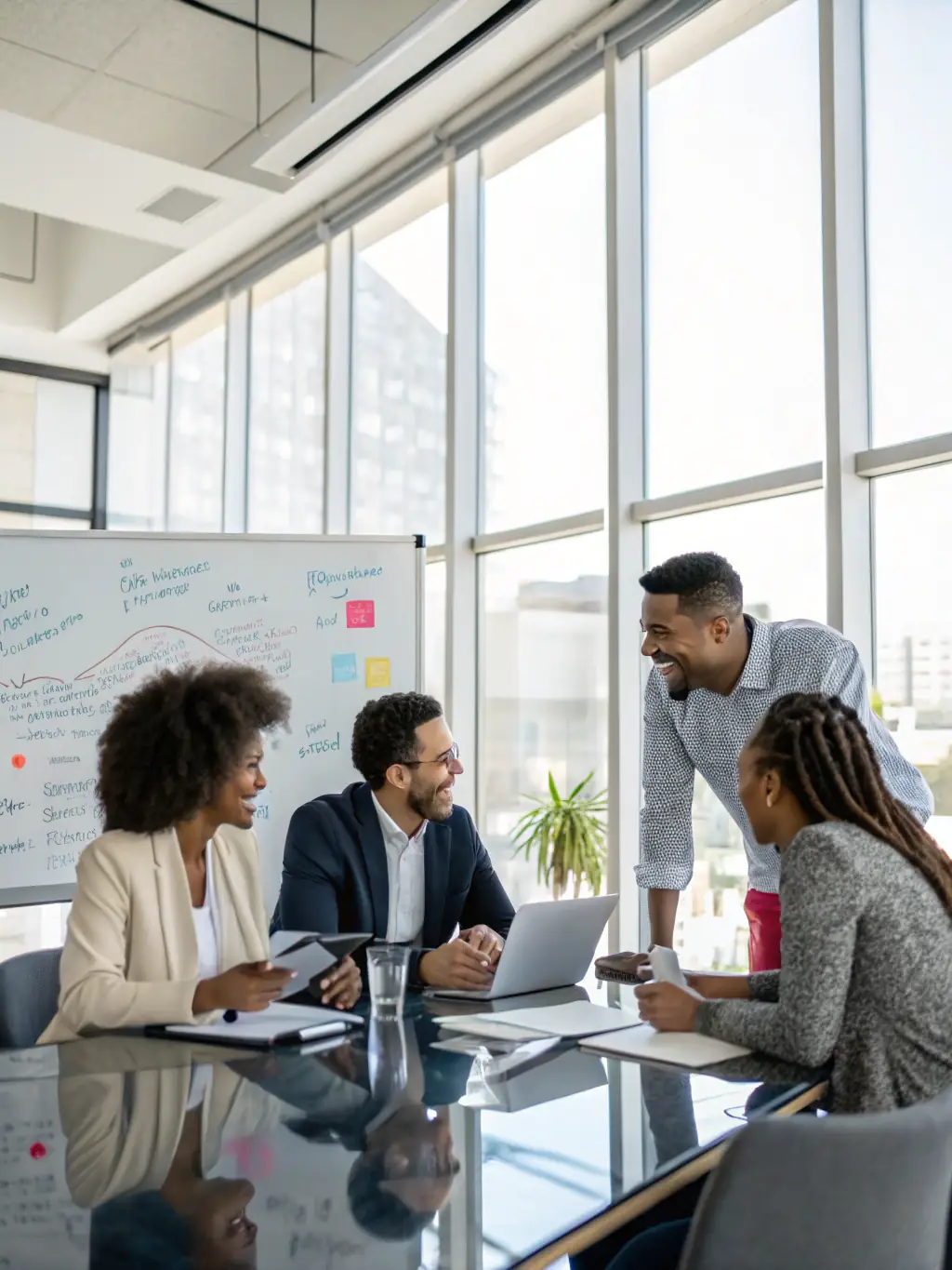 A professional photograph of a diverse team of consultants collaborating on a complex technology framework diagram in a modern office setting. The image should convey expertise and teamwork.