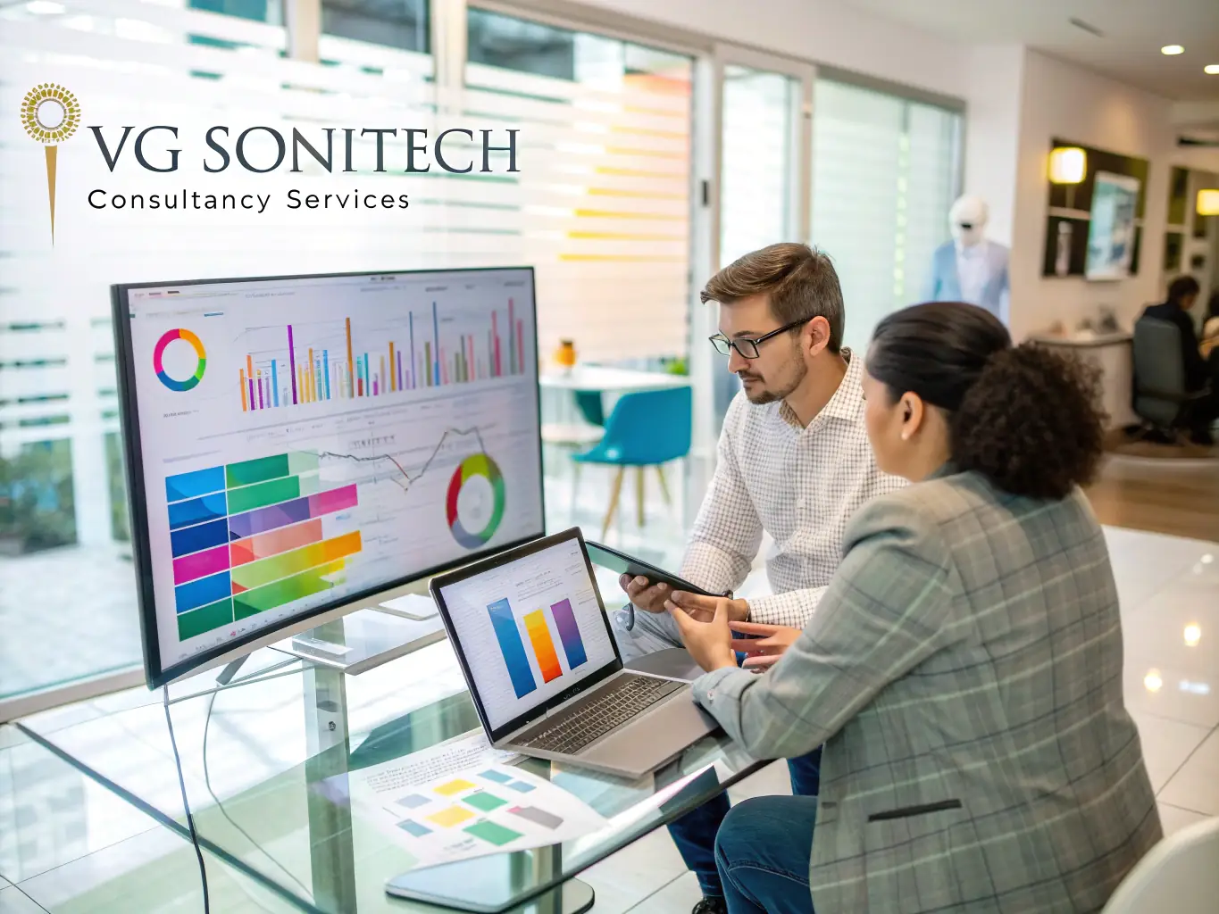 A consultant reviewing a detailed technology framework diagram with a client in a modern office setting, emphasizing strategic planning and collaboration.