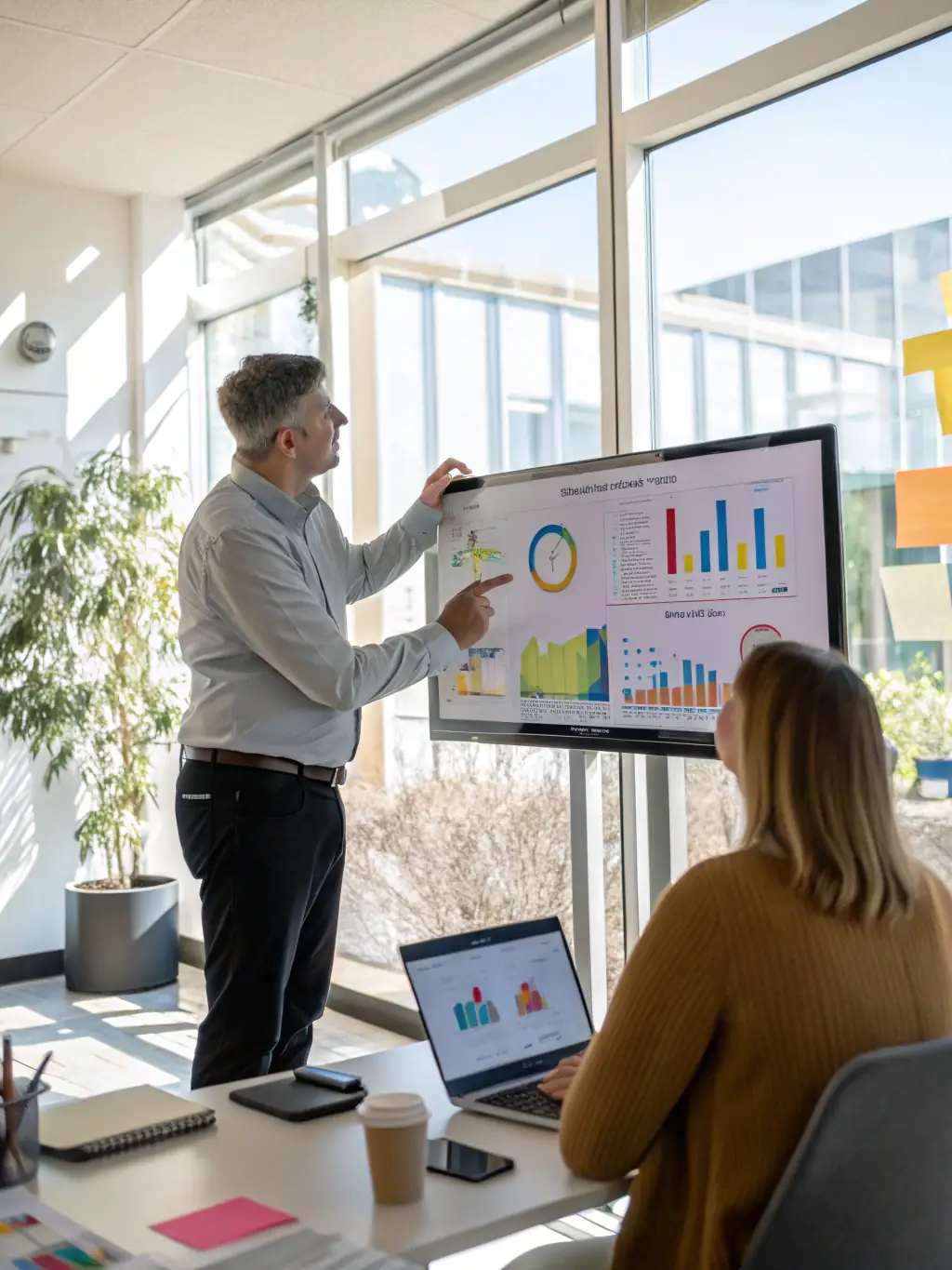 A professional stock photo of a consultant presenting data analytics insights to a client, highlighting key performance indicators and strategic recommendations.